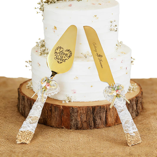 Wedding Cake Knife and Server Set – 10.83" Serrated Knife & 9.84" Server with Rustic Lace Burlap Handles, Stainless Steel Blades, for Bride & Groom, Anniversary & Engagement Gift(gold)
