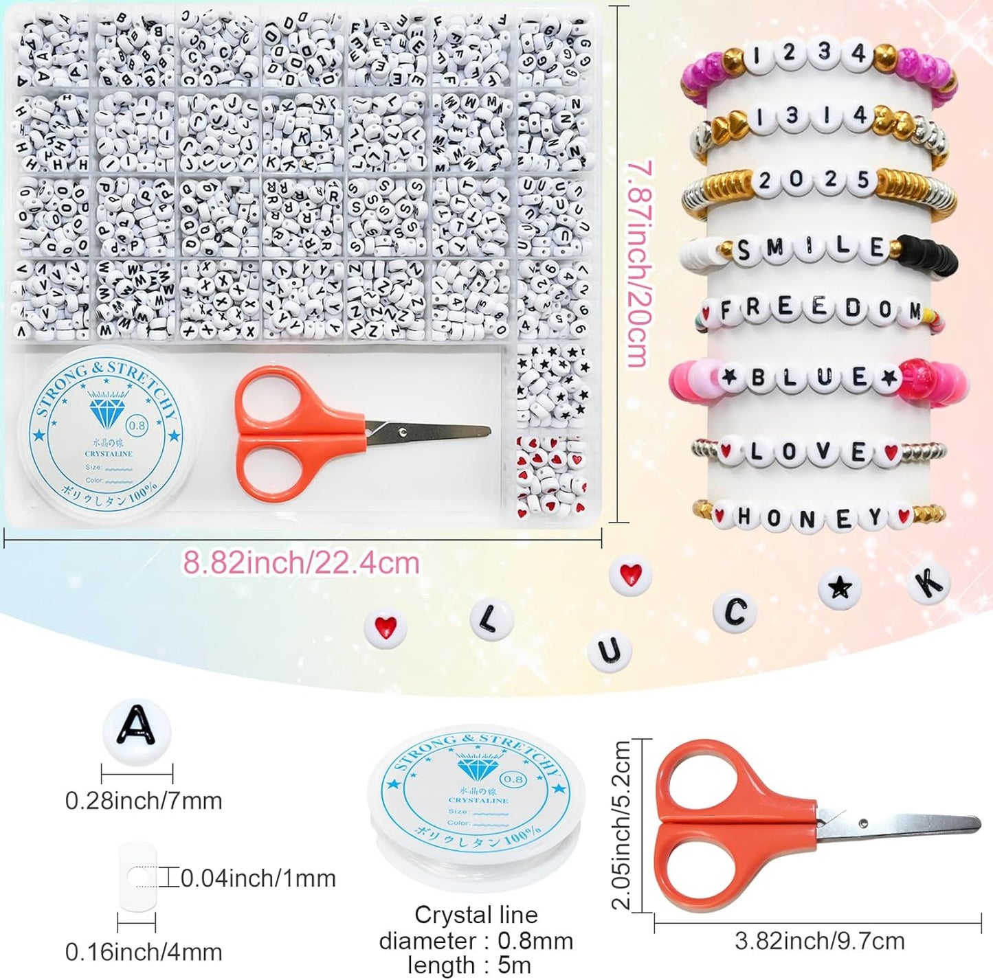 Amaney 1400pcs Glow Letter Beads, Heart Beads Whit Elastic Beading Cord,4x7mm Round Acrylic Alphabet Beads for Friend Bracelet Jewelry Making