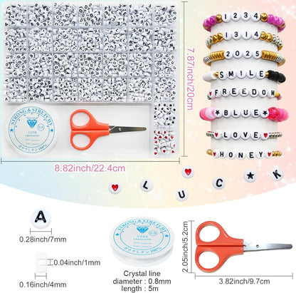 Amaney 1400pcs Glow Letter Beads, Heart Beads Whit Elastic Beading Cord,4x7mm Round Acrylic Alphabet Beads for Friend Bracelet Jewelry Making