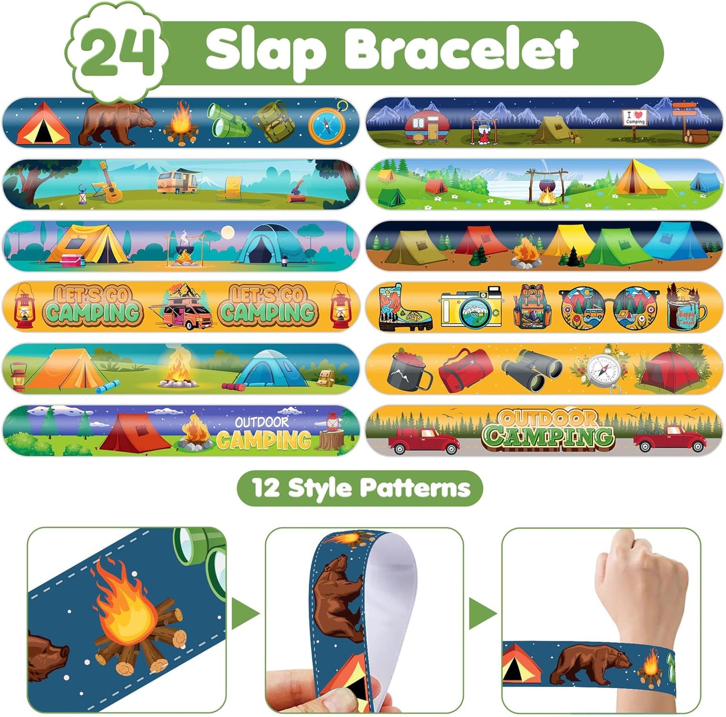 48 PCS Camping Party Favors 24PCS Tattoos Sticker 24PCS Slap Bracelets Wristbands Perfect for Camp Themed Birthday Baby Showers or Classroom Rewards Ideal Decor and Gifts for Girls Boys (Camping 2)