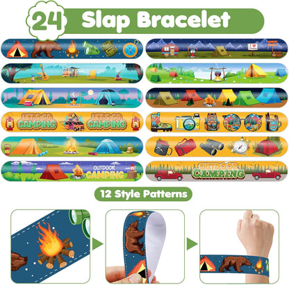 48 PCS Camping Party Favors 24PCS Tattoos Sticker 24PCS Slap Bracelets Wristbands Perfect for Camp Themed Birthday Baby Showers or Classroom Rewards Ideal Decor and Gifts for Girls Boys (Camping 2)