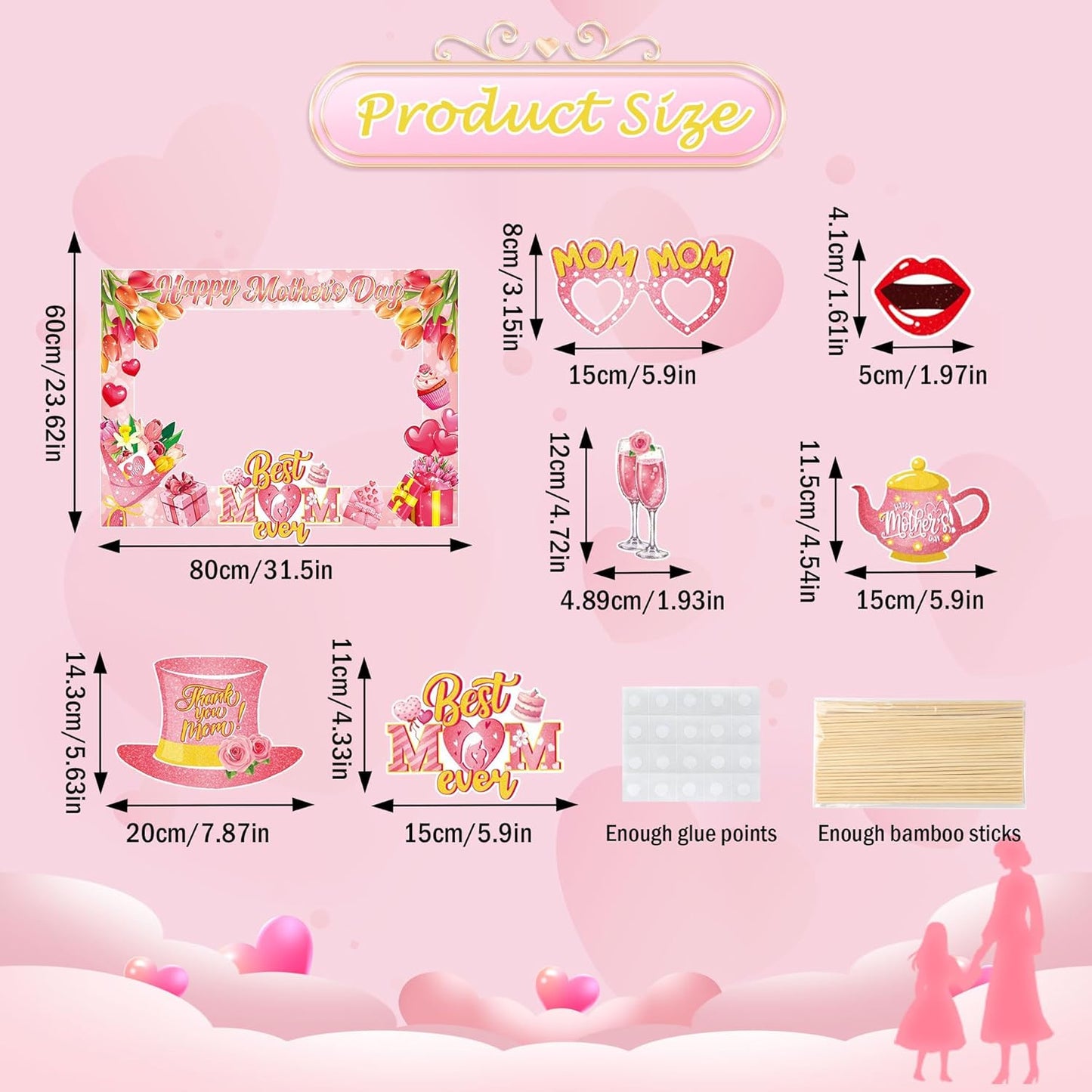 Happy Mother's Day Photo Booth Props and Selfie Frame Set, 30Pcs Best Mom Ever Party Photo Props with 1Pc Selfie Frame for Mother's Day Decoration Mom's Birthday Party Supplies Gifts