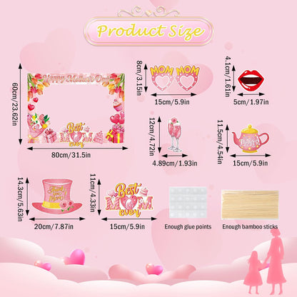 Happy Mother's Day Photo Booth Props and Selfie Frame Set, 30Pcs Best Mom Ever Party Photo Props with 1Pc Selfie Frame for Mother's Day Decoration Mom's Birthday Party Supplies Gifts