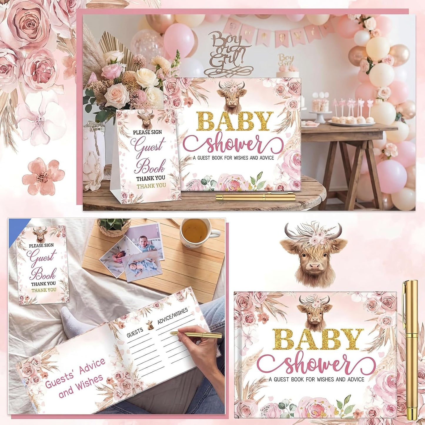 Fuyoooo 27 Pcs Safari Animal Baby Shower Guest Book Set Baby Shower Sign in Guest Floral Book Place Table Cards with Gold Pen Adhesive Photo Corner for Birthday Party