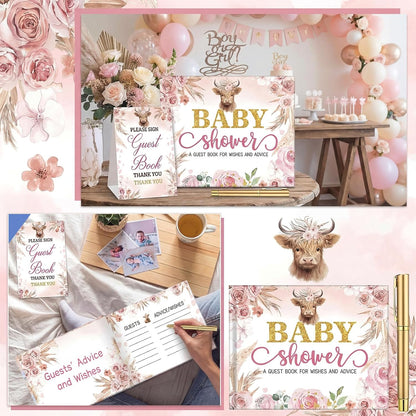 Fuyoooo 27 Pcs Safari Animal Baby Shower Guest Book Set Baby Shower Sign in Guest Floral Book Place Table Cards with Gold Pen Adhesive Photo Corner for Birthday Party