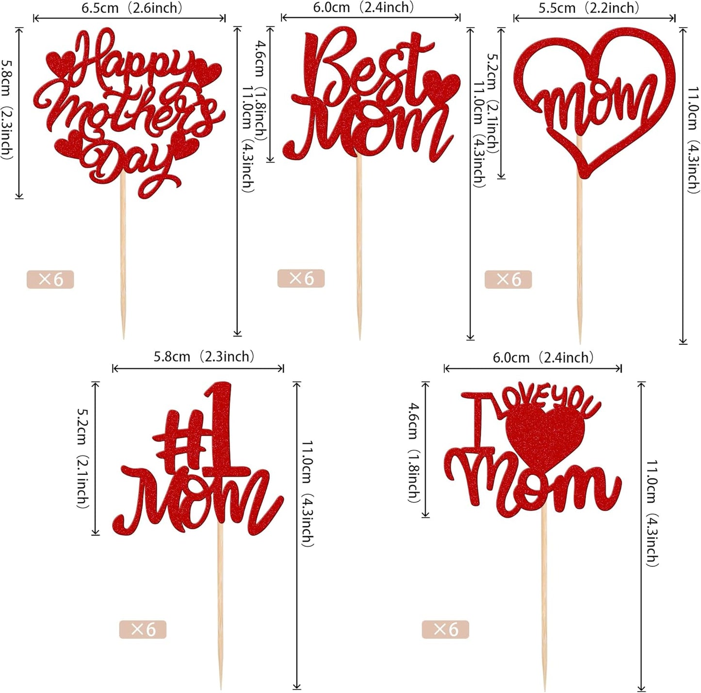 24 PCS Happy Mother's Day Cupcake Toppers with Glitter Heart Love Mother Best Mom Cupcake Picks for Happy Mother's Day Theme Women Birthday Party Cake Decorations Supplies Rose Gold
