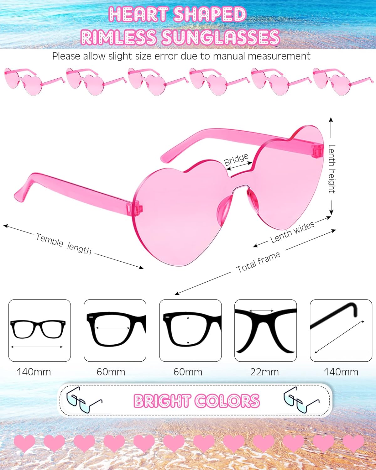 Frienda 20 Pairs Heart Shaped Sunglasses Rimless Candy Color Glasses for Women Men Party Favor