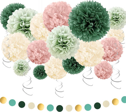 Tissue Paper Pom Poms - 23 PCS Dusty Blue Paper Flowers Pom Pom Kit Circle Dot Party Banner Hanging Swirl Party Decorations for Wedding Birthday Baby Shower Bridal Shower Tea Party