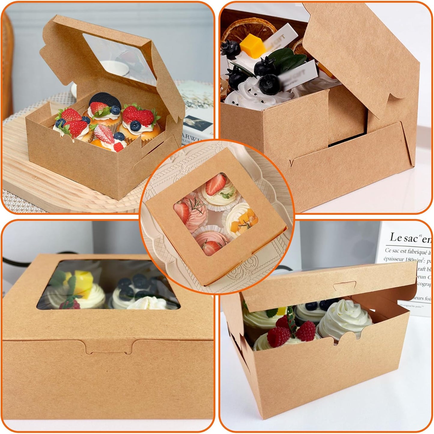 MUMULULU 8 PCS Brown Paper Cupcake Boxes with 4 Cavity Cookie Gift Boxes with Clear Window 4 Treat Holder Cupcake Containers Bakery Cake Box for Birthday Party Bakery Supplies