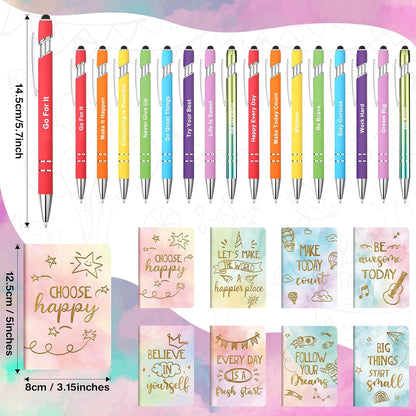 Funrous 32 Pcs Motivational Quote Pens Inspirational Notepads Mini Journal with Ballpoint Pen Small Notebooks Gift for Men Women Coworker Adult Party Favors Prize Teacher Student Office(Stylish)
