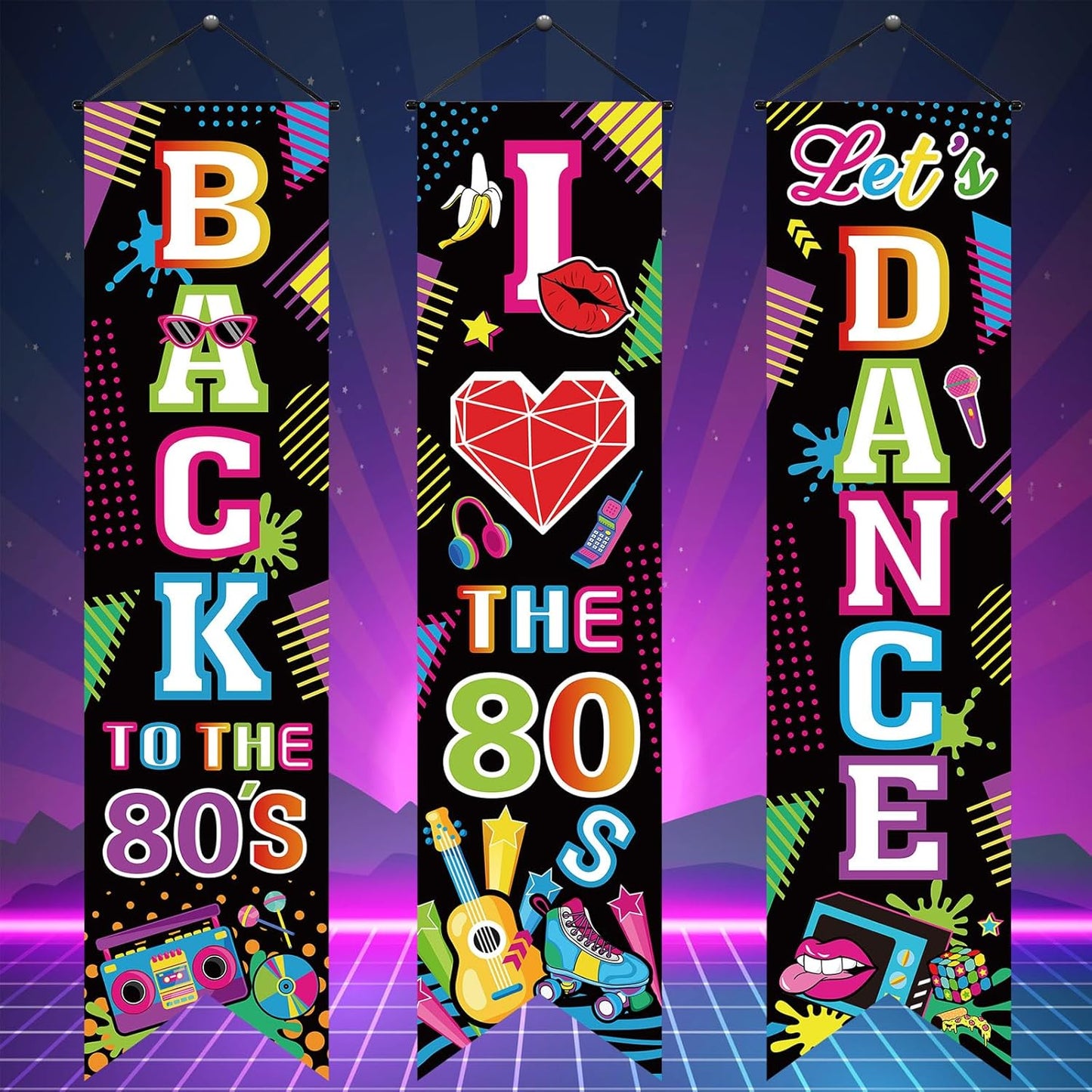Chiisong 3 Pcs Neon Banner Party Decorations Let's Glow Banner Glow in the Dark Porch Sign Welcome Birthday Porch Sign for Neon Birthday Party Supplies Club Halloween Classroom Decorations