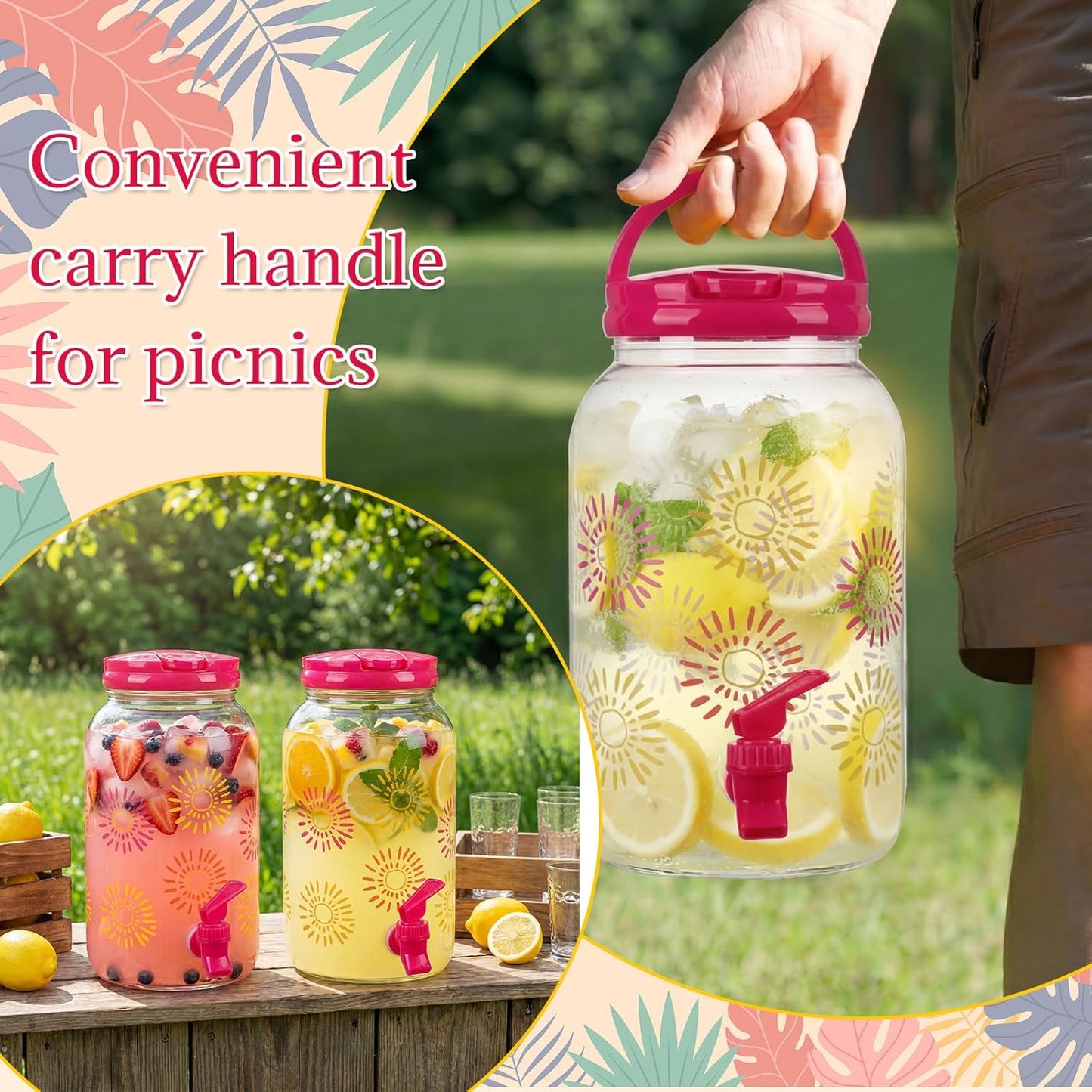 Havawish 2 Pcs 1 Gallon Plastic Beverage Dispenser with Spigot Clear Summer Kitchen Fridge Drink Dispenser for Parties Lemonade Juice Tea Beer Cold Water (Red,Cylinder)