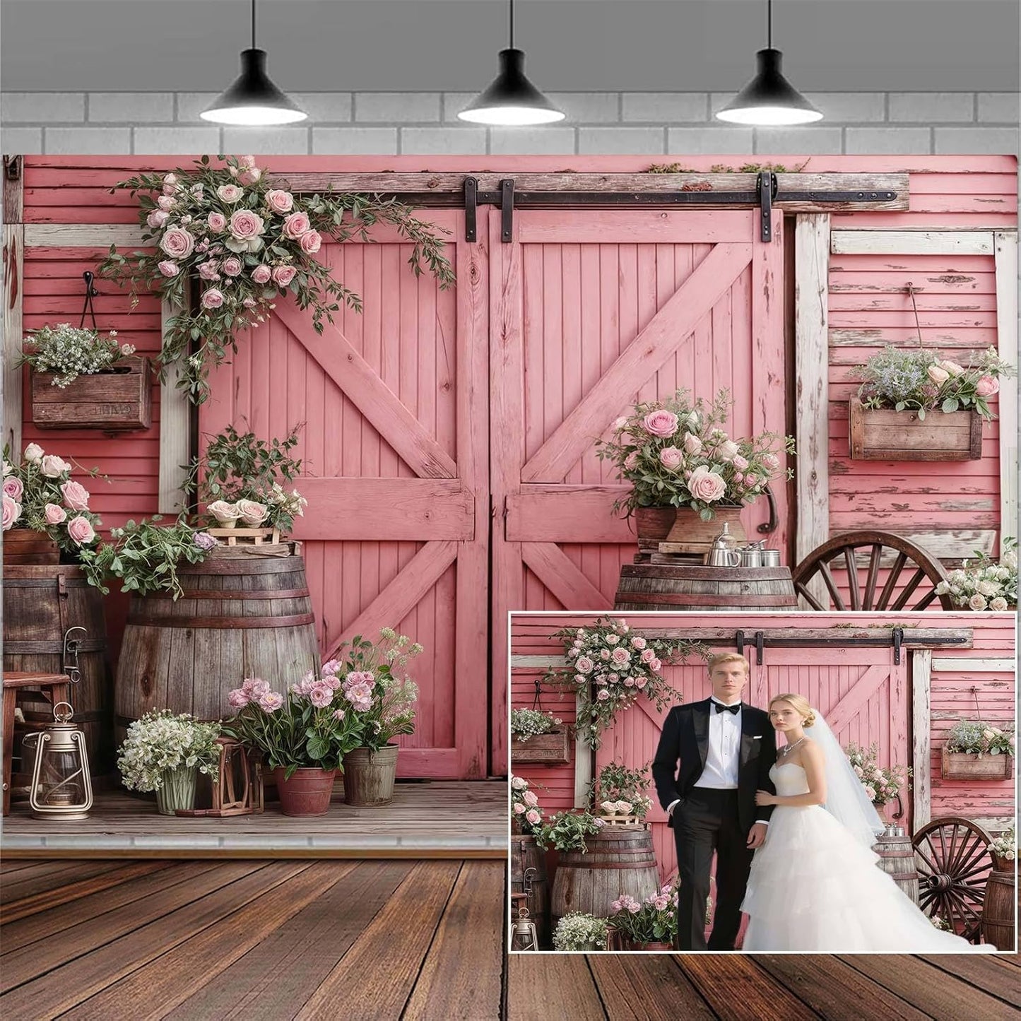 10x8ft Country Wedding Photography Backdrop Rustic Barn Door Photography Backdrop Farmhouse Pink Flower Cabin Wooden Birthday Baby Shower Wedding Bridal Party Banner Photo Booth Props Background