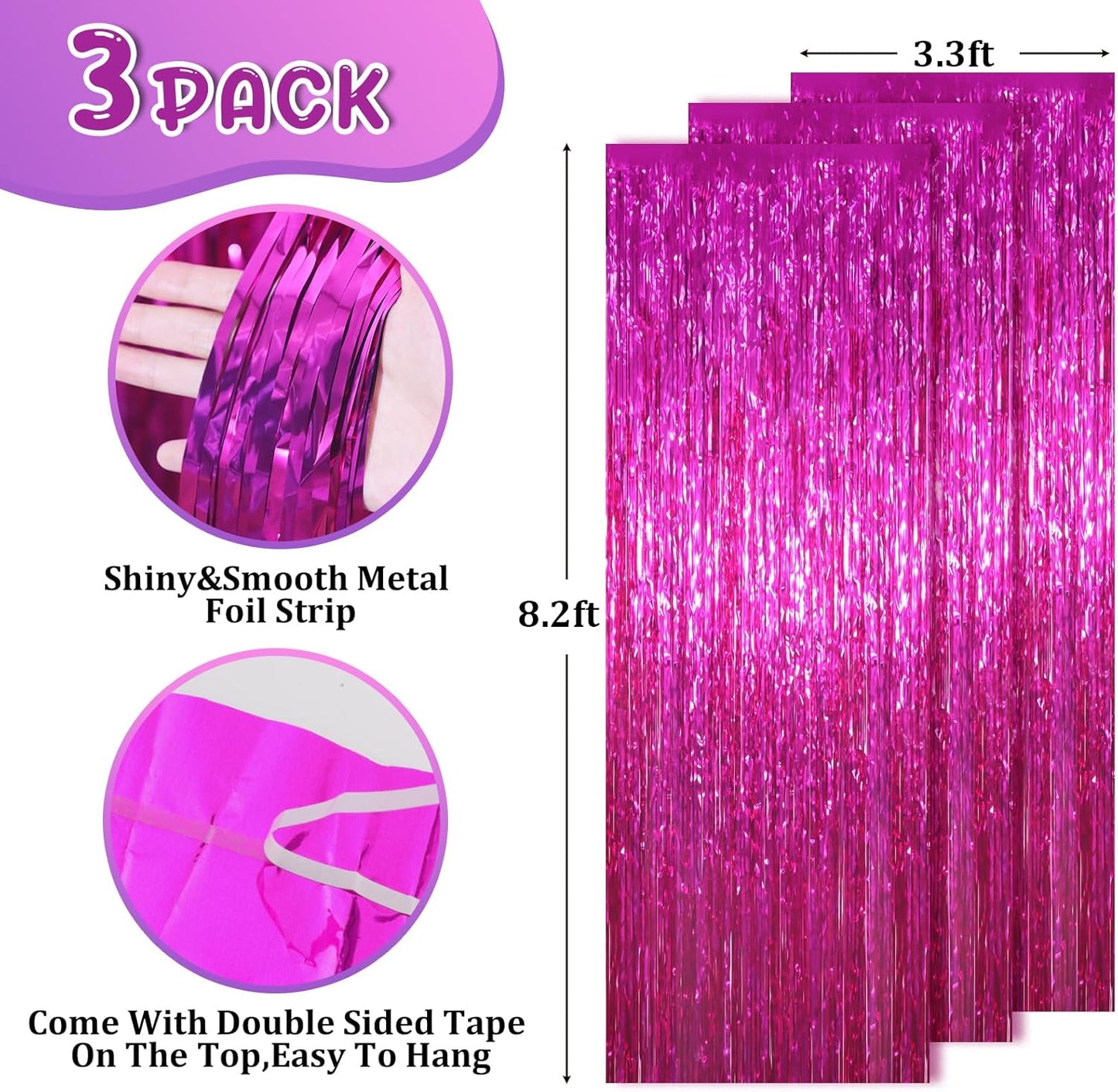 Voircoloria 3 Pack 3.3x8.2 Feet Gold Foil Fringe Backdrop Curtains, Tinsel Streamers, Fringe Backdrop for 2025 New Years Eve, Graduation, Birthday, Baby Shower, Gender Reveal, Disco Party - Colors A