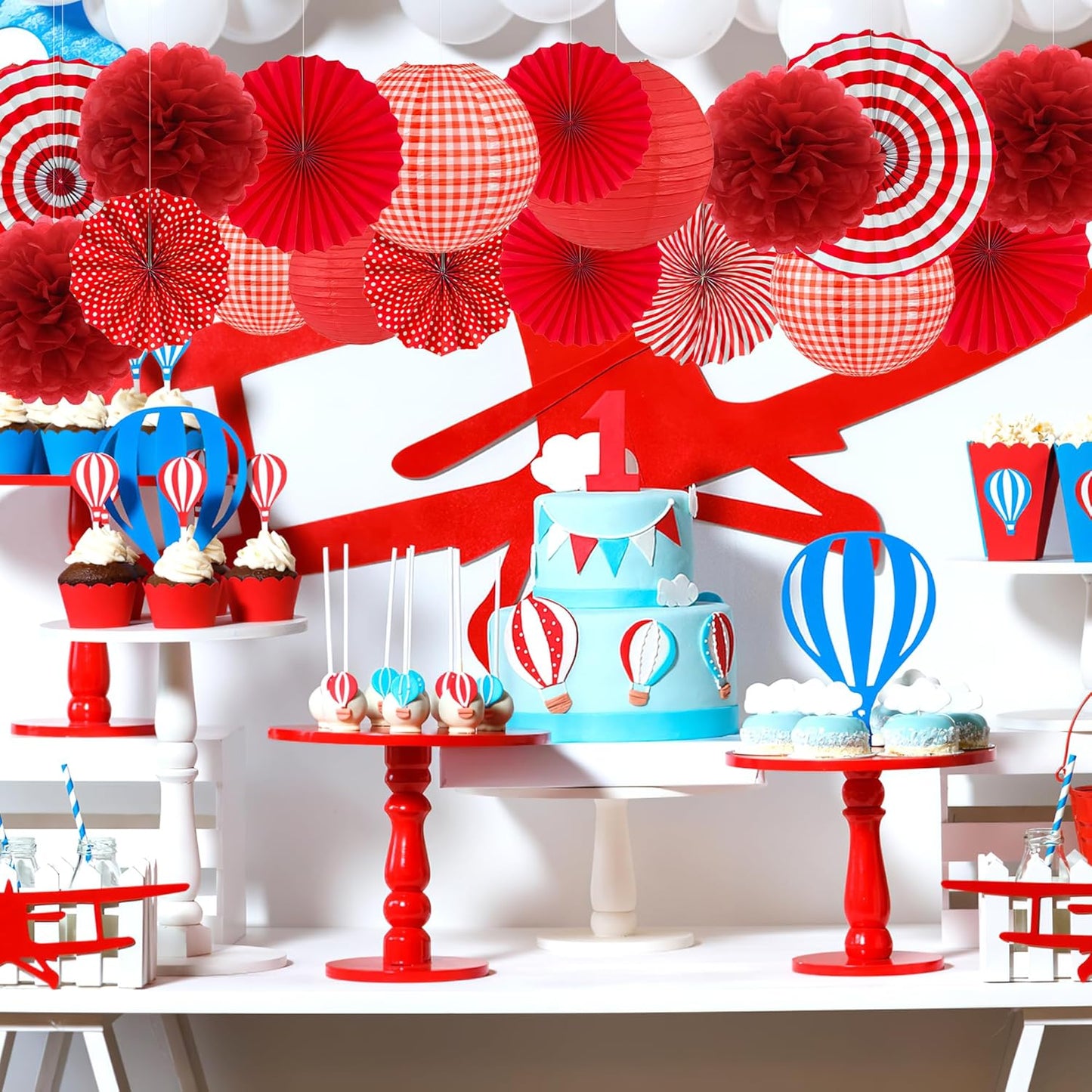 Tissue Paper Pom Poms - 23 PCS Dusty Blue Paper Flowers Pom Pom Kit Circle Dot Party Banner Hanging Swirl Party Decorations for Wedding Birthday Baby Shower Bridal Shower Tea Party