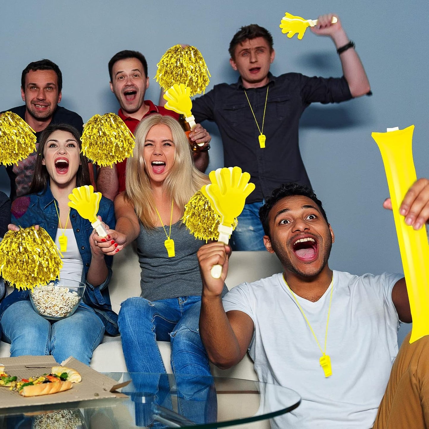 Yunsailing 96 Pcs Homecoming Noisemakers Team Spirit Accessories for Game Day Include Hand Clappers Cheerleading Pom Pom Thunder Stick Cheer Party Blower Plastic Whistle for Sport Fans(Gold)