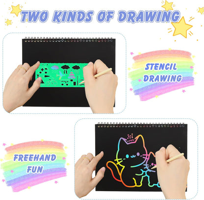Scratch Art Crafts Kit for Kids – 2 Pack Rainbow Scratch Paper Notebooks with Wooden Styluses and Drawing Stencils, Magic Art Supplies Birthday Christmas Gifts Party Favors for Boys Girls Ages 3-10