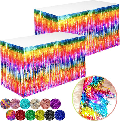 Blue Streamers Party Decorations, 2 Packs Blue Table Skirts Metallic Foil Fringe Tinsel for Birthday Under the Sea Boy Baby Shower Float Parade Mardi Gras Graduation Party Supplies -29x108Inch