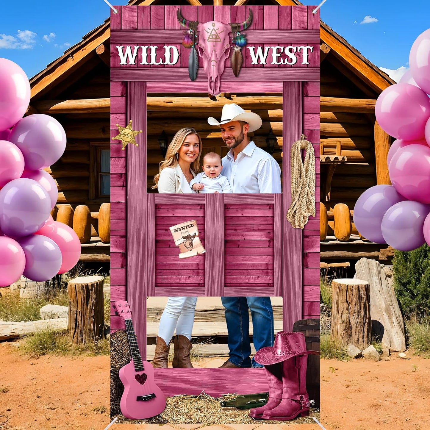 Large Cowgirl Party Decorations Wild West Pink Photo Banner Fun Frame Banner West Wanted Photo Booth Prop Wild Western Selfie Banner for Wild West Western Theme Birthday Party Game Decoration Supplies