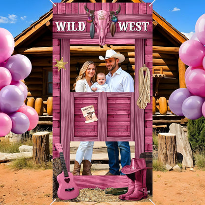 Large Cowgirl Party Decorations Wild West Pink Photo Banner Fun Frame Banner West Wanted Photo Booth Prop Wild Western Selfie Banner for Wild West Western Theme Birthday Party Game Decoration Supplies