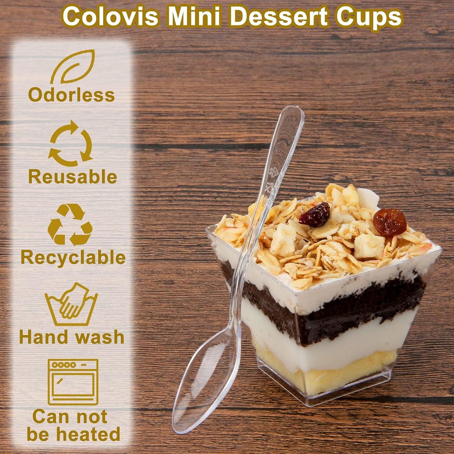 Colovis Mini Dessert Cups, 200 CT 2oz Clear Plastic Parfait Appetizer Cups with Spoons Mini Square Dessert Bowls for Serving, Tasting (200)