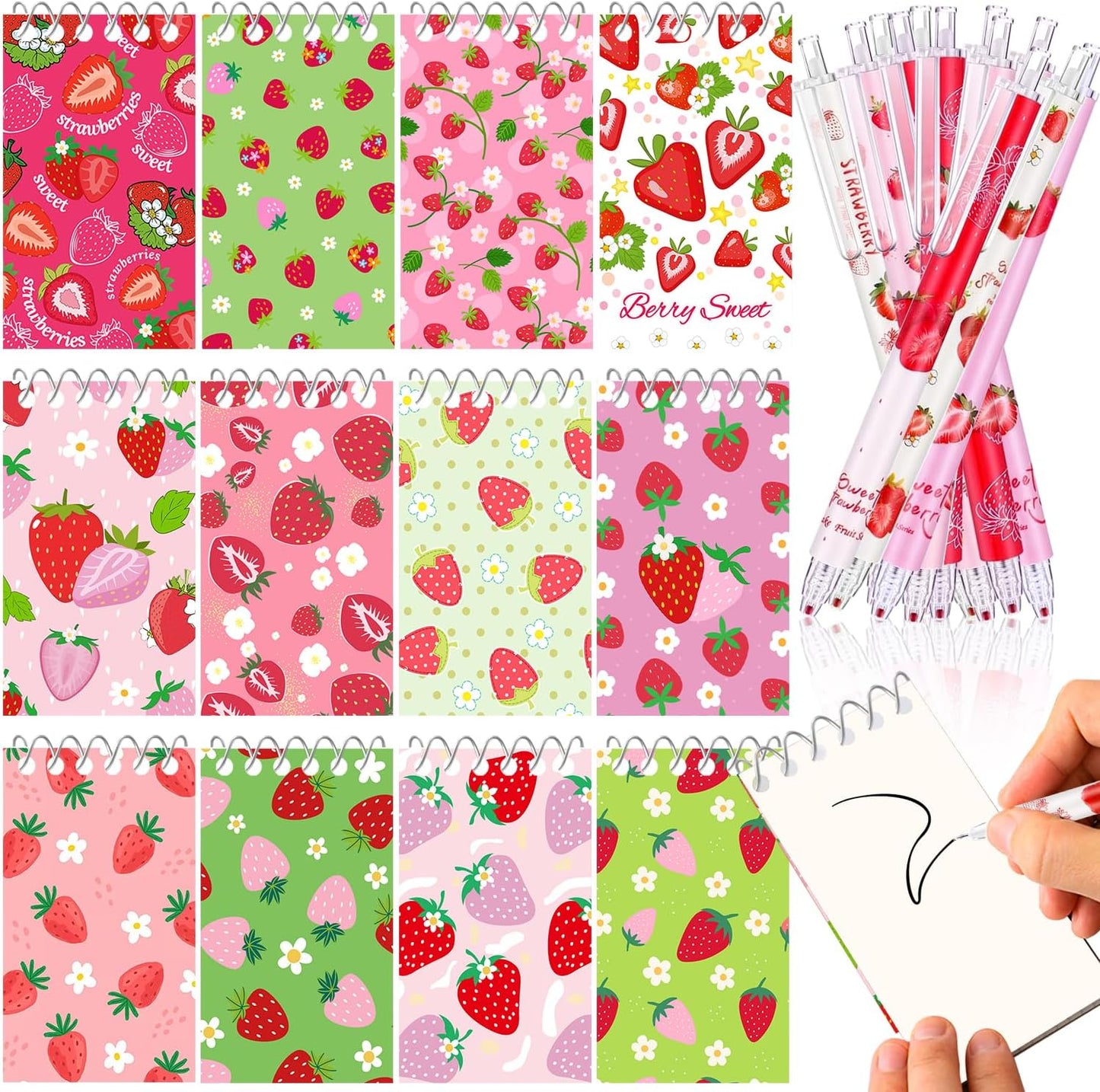 24 Pcs Strawberry Party Favors Include 12 Mini Spiral Strawberry Notebooks and 12 Strawberry Pens Gifts for Strawberry Party Favor Bags Stuffers Teachers School Supplies and Class Reward Prizes