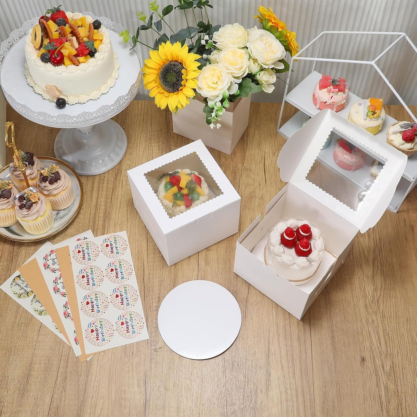 COTOPHER 50 Pcs Cake Boxes 8 Inch, 8x8x5 Inches Cake Containers (25 Boxes & 25 Boards), White Bakery Boxes with Windown for Cookies, Desserts, Cupcake, Pastries, Birthday, Wedding, Mother's Day