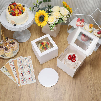 COTOPHER 50 Pcs Cake Boxes 8 Inch, 8x8x5 Inches Cake Containers (25 Boxes & 25 Boards), White Bakery Boxes with Windown for Cookies, Desserts, Cupcake, Pastries, Birthday, Wedding, Mother's Day