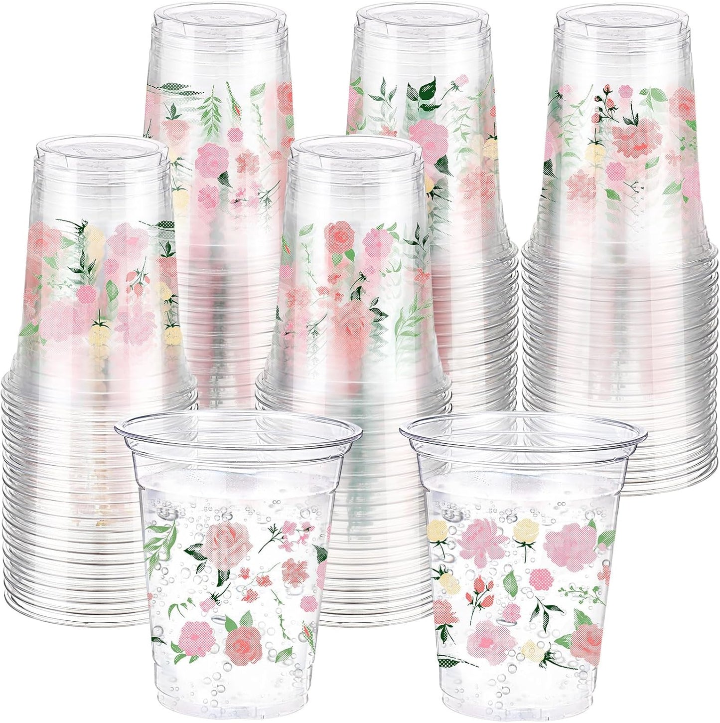 Hushee 60 Pcs Purple Floral Cups with Spring Summer Flower 16 oz Wildflowers Plastic Disposable Drinking Cups for Summer Spring Birthday Baby Shower Wedding Party Supplies