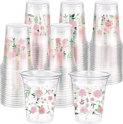 Hushee 60 Pcs Purple Floral Cups with Spring Summer Flower 16 oz Wildflowers Plastic Disposable Drinking Cups for Summer Spring Birthday Baby Shower Wedding Party Supplies