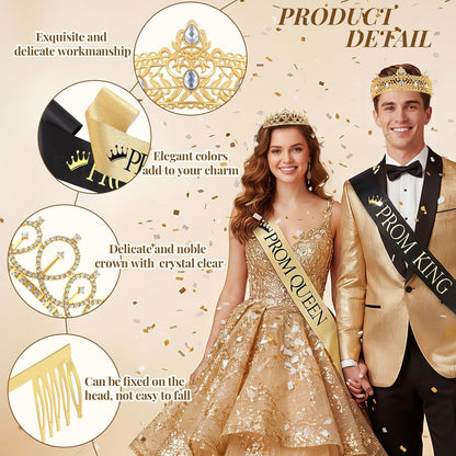 Lyrow 4 Pcs Prom King and Queen Crown Set, Prom King Crown with Sash for Graduation, Queen Tiara with Sash for Grad Couple Accessories Homecoming Birthday Party(Cute,Black,White)