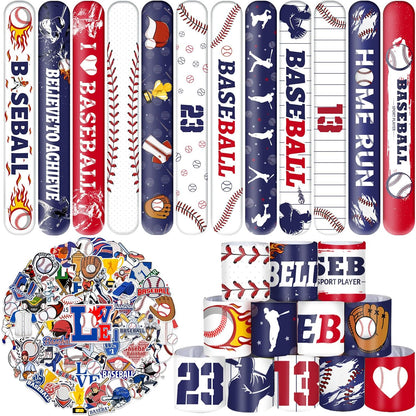 74PCS Baseball Party Favors 24PCS Baseball Slap 50PCS Baseball Stickers Bracelets Baseball Themed Party Favors Birthdays Party Decorations for Sport Game Player Kids Gifts