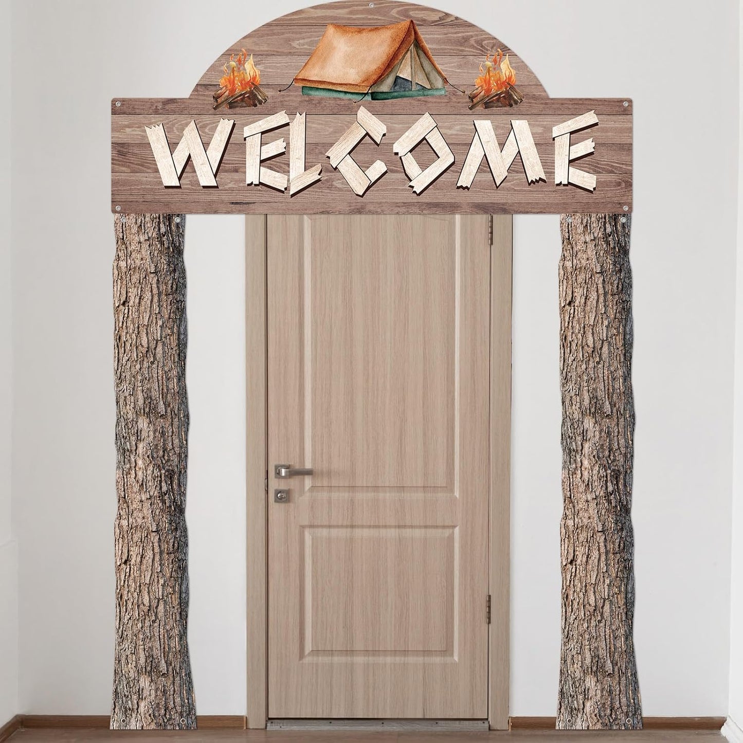 Peryiter 3 Pcs Camping Themed Party Decorations Banner Welcome Porch Sign with 1 Double Sided Tape for Summer Camp Birthday Hawaii Baby Shower Themed Party Activity Decor door (Forest Style)