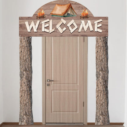 Peryiter 3 Pcs Camping Themed Party Decorations Banner Welcome Porch Sign with 1 Double Sided Tape for Summer Camp Birthday Hawaii Baby Shower Themed Party Activity Decor door (Forest Style)