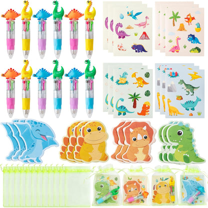CY2SIDE Dinosaur Stationery Party Gift - 24 Pack Back to School Gifts Set Include 4-in-1 Ballpoint Pens Sticky Notes Stickers & Organza Dino Animal Party Favors Goodie Bag Fillers for Classroom Prizes