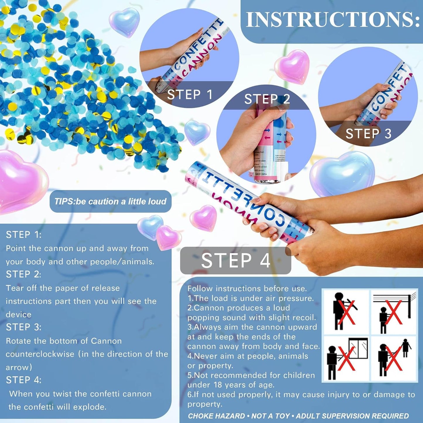 4 Pack Gender Reveal Confetti Cannon, 12 in Blue Rectangle Shaped Paper Party Poppers Cannons, Confetti Poppers For Baby Boy Gender Reveal Baby Showers (Rectangle, Blue)