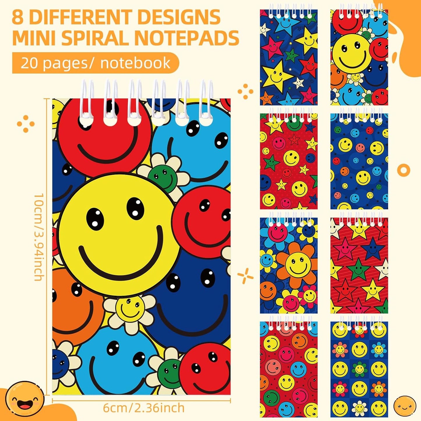 Faccito 24 Pcs Groovy Party Favor Retro Hippie Mini Spiral Notebook Retro Boho Pocket Notebook Bulk Groovy Mini Top Bound Notepad for Boho Birthday Decor Rewards Gifts(Smiling Face Style)