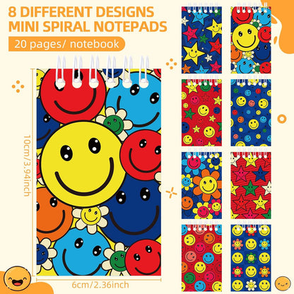 Faccito 24 Pcs Groovy Party Favor Retro Hippie Mini Spiral Notebook Retro Boho Pocket Notebook Bulk Groovy Mini Top Bound Notepad for Boho Birthday Decor Rewards Gifts(Smiling Face Style)