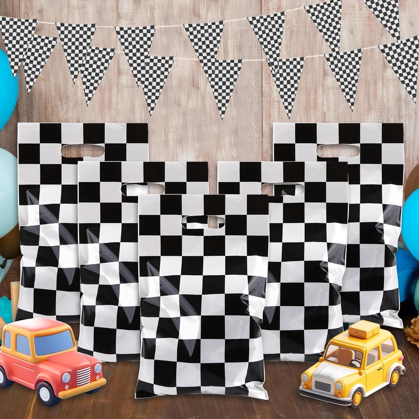 Mikzhskr 30Pcs Race Car Party Favors Bag Goodie bags Racing in Speed Party Decorations Soccer Theme Black and White Checkered Candy Bags with Handles for Kids Race Car Birthday Party Supplies