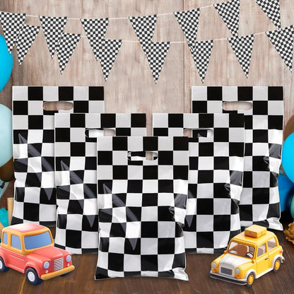 Mikzhskr 30Pcs Race Car Party Favors Bag Goodie bags Racing in Speed Party Decorations Soccer Theme Black and White Checkered Candy Bags with Handles for Kids Race Car Birthday Party Supplies