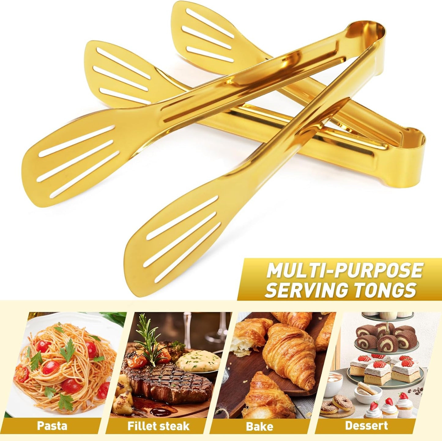 JCREN 12 Pcs Serving Tongs, Small Serving Utensils for Parties Catering Gold Tongs, Food-Grade 304 Stainless Steel Mini Appetizer Tongs for Tea Party Coffee Bar, 4 Inches - Gold