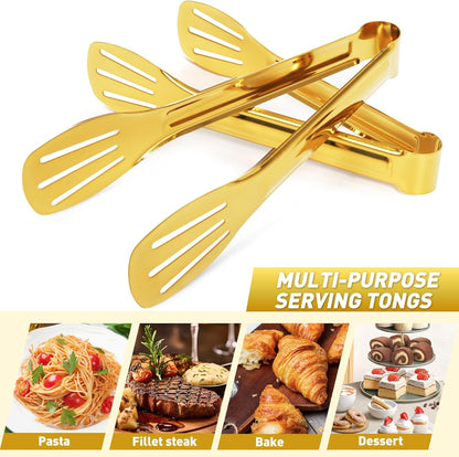 JCREN 12 Pcs Serving Tongs, Small Serving Utensils for Parties Catering Gold Tongs, Food-Grade 304 Stainless Steel Mini Appetizer Tongs for Tea Party Coffee Bar, 4 Inches - Gold