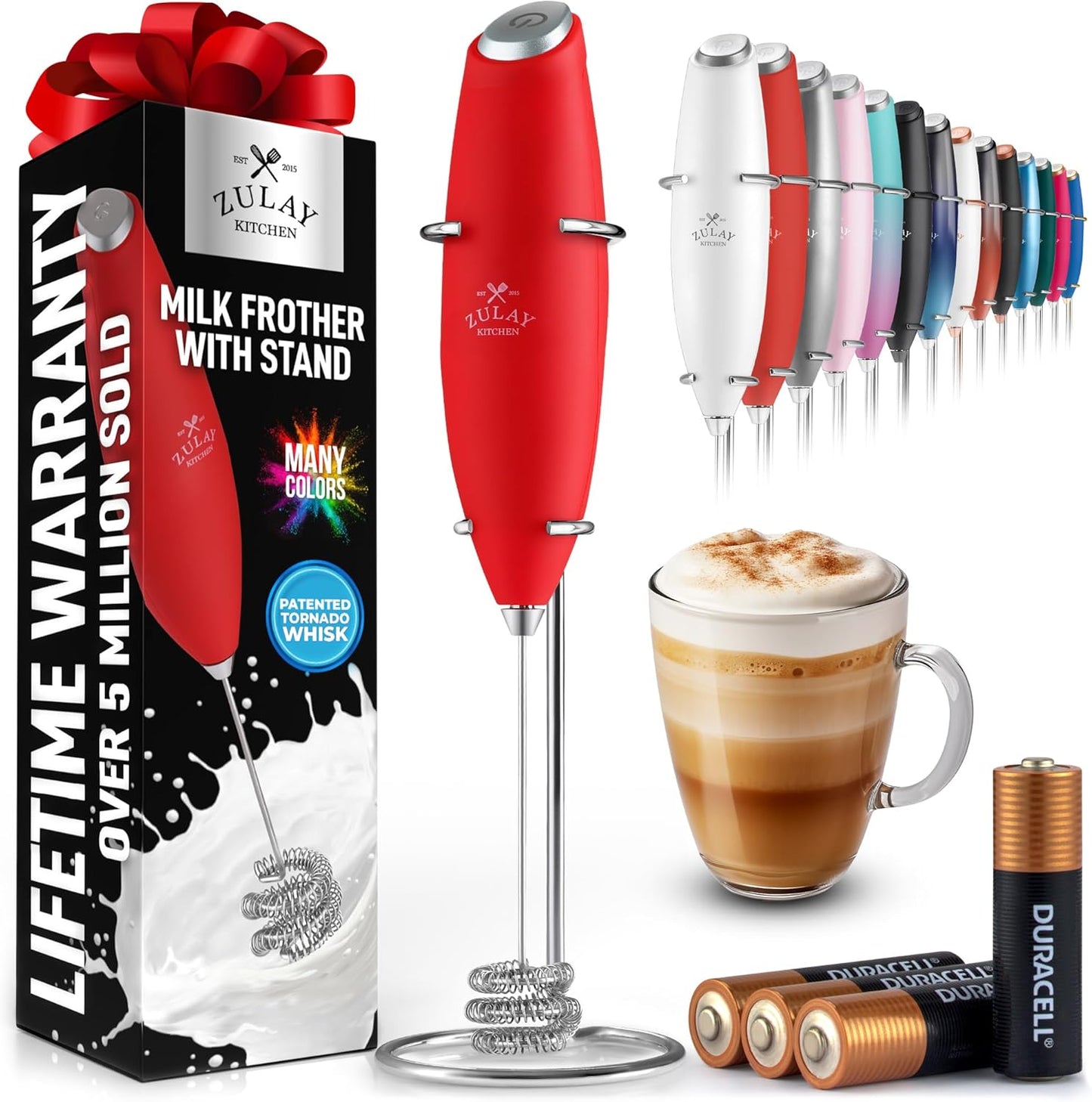 Zulay Kitchen Powerful Milk Frother Wand With Duracell Batteries - Ultra Fast Handheld Drink Mixer - Electric Whisk Foam Maker for Coffee, Lattes, Cappuccino & Matcha - Z1 Motor - Black - Colors C