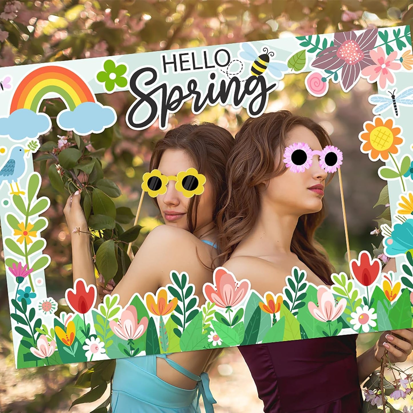Hello Spring Party Photo Booth Props with Paper Frame - 26PCS Hello Spring Flower Theme Selfie Props Party Decoration Supplies