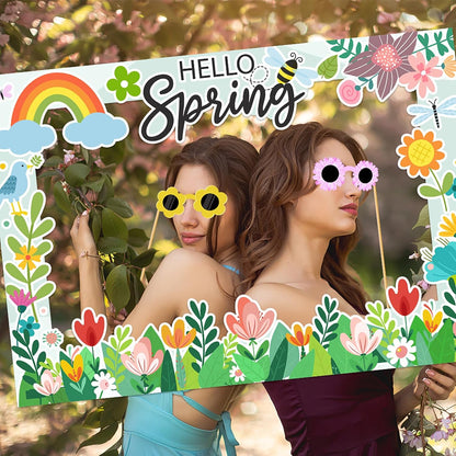 Hello Spring Party Photo Booth Props with Paper Frame - 26PCS Hello Spring Flower Theme Selfie Props Party Decoration Supplies
