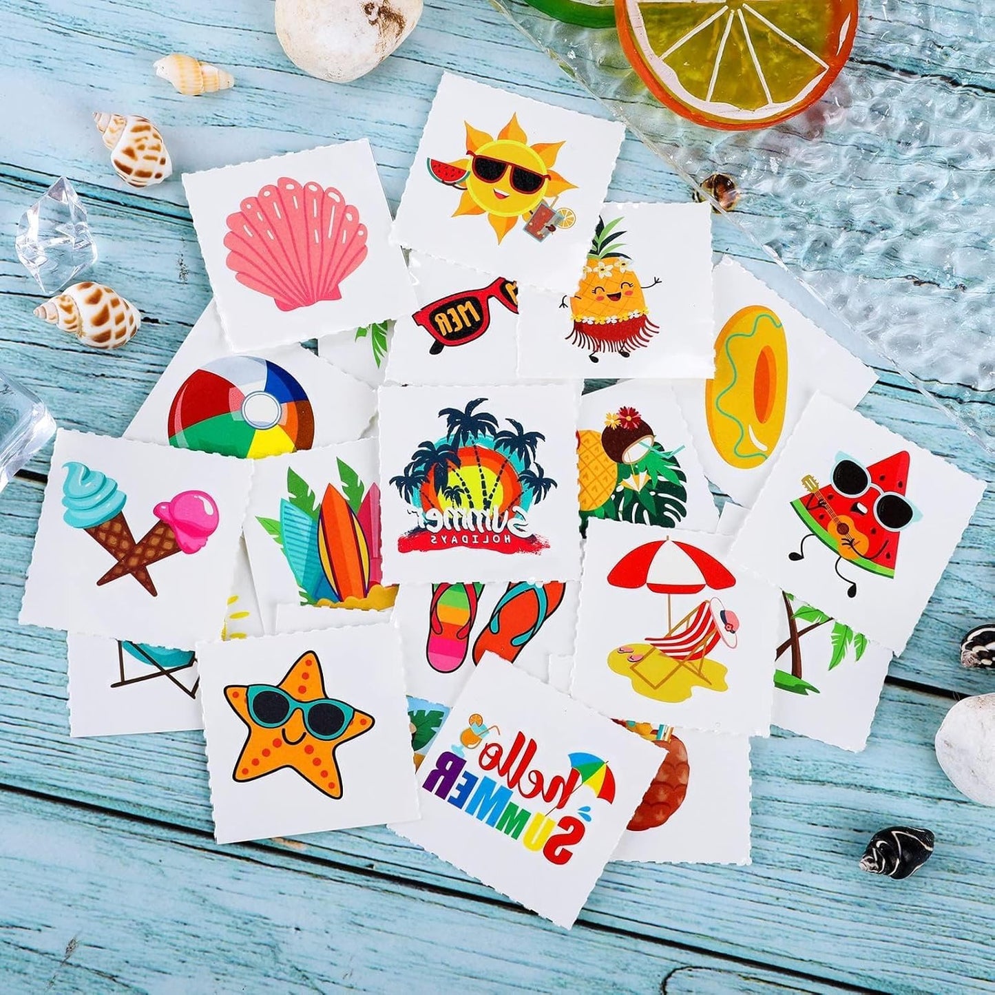 ADXCO 144 Pieces Summer Pool Party Tattoos Hawaiian Luau Themed Tattoos Waterproof Beach Temporary Tattoos Stickers for Adults, Tropical Party Decorations Supplies Favors