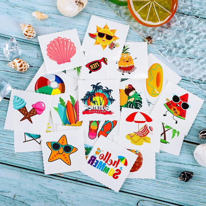 ADXCO 144 Pieces Summer Pool Party Tattoos Hawaiian Luau Themed Tattoos Waterproof Beach Temporary Tattoos Stickers for Adults, Tropical Party Decorations Supplies Favors