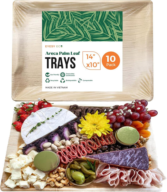 Palm Leaf Trays Disposable Bamboo Like Serving Platters 14" x 10" - Heavy Duty Charcuterie Boards Eco-Friendly Dinnerware for Parties, Weddings, Catering, Events (10 Pack)