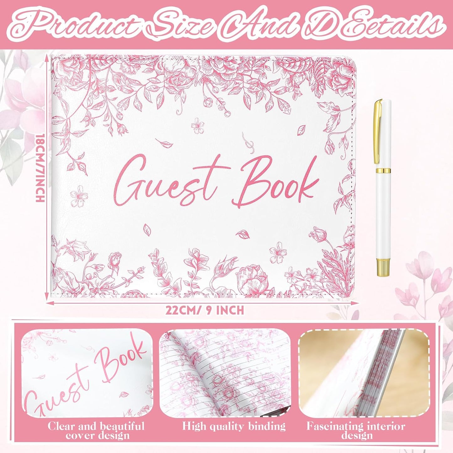 Panelee Wedding Guest Book with Pen Set Elegant Guest Sign in Books Bridal Shower Guestbook Beautiful Guest Book Wedding Reception Guestbook for Wedding (Flower, Blue)