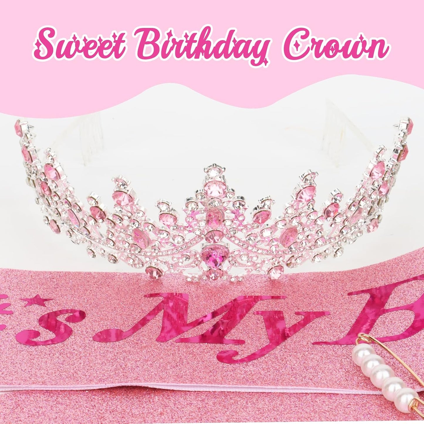 CURASA Birthday Tiara and Sash - Silver Birthday Crown for Women, Perfect for Parties and Celebrations